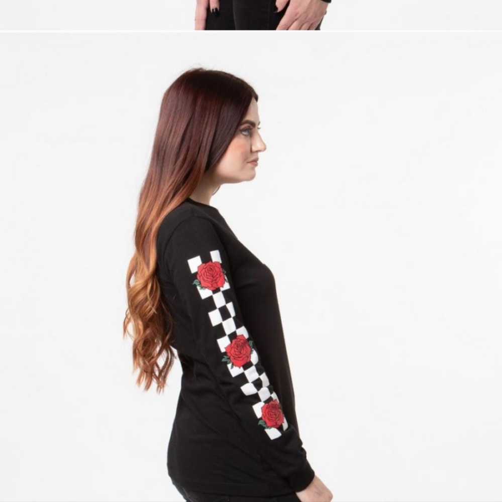Vans Rose Checkerboard Black Long Sleeve Graphic Tee Unisex Streetwear - Picture 2 of 6